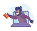 Cyber Swindler Man in Mask Look from Laptop Screen with Card Hacking Internet Steal Money Vector Illustration