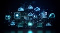 Cyber technology concept. Futuristic network connection with connecting glowing cloud icons. Modern neon blue and black background