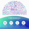 Cyber technology concept in half circle with thin line icons: ai, virtual reality glasses, bionics, robotics, global network, nano
