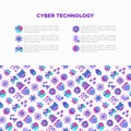 Cyber technology concept with thin line icons: ai, virtual reality glasses, bionics, robotics, global network, computer game,