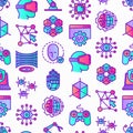 Cyber technology seamless pattern with thin line icons: ai, virtual reality glasses, bionics, robotics, global network, computer