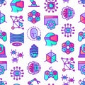 Cyber technology seamless pattern with thin line icons: ai, virtual reality glasses, bionics, robotics, global network, computer