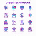 Cyber technology thin line icons set: ai, virtual reality glasses, bionics, robotics, global network, computer game, Royalty Free Stock Photo