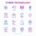 Cyber technology thin line icons set: ai, virtual reality glasses, bionics, robotics, global network, computer game,