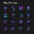 Cyber technology thin line icons set: ai, virtual reality glasses, bionics, robotics, global network, computer game,
