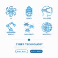 Cyber technology thin line icons set: ai, virtual reality glasses, bionics, robotics, nano robots, industry 4.0. Vector