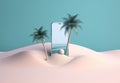 cyber up palm concept holiday phone sea summer sand creative mock. Generative AI.