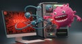 Cyber Virus Attack on Computer System A 3D cartoon depicts a virus infecting a computer system symbolizing digital threats Royalty Free Stock Photo