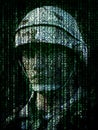 Cyber warfare concept. Military soldier embedded into computer internet symbol binary code. Royalty Free Stock Photo