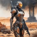 A cyber warrior in a burnt land, extremely highly detailed futuristic navy seals commando armor, war photography style