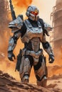 A cyber warrior in a burnt land, extremely highly detailed futuristic navy seals commando armor, war photography style