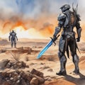 A cyber warrior in a burnt land, extremely highly detailed futuristic navy seals commando armor, war photography style