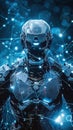 A cyber warrior in full digital armor standing guard over a network gateway to prevent breaches Royalty Free Stock Photo