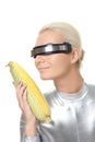 Cyber woman with a corn Royalty Free Stock Photo