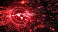 Cyberattack concept with binary virus code, glitch effects, and warning signs flashing in red and white