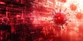 Cyberattack concept with binary virus code, glitch effects, and warning signs flashing in red and white