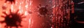 Cyberattack concept with binary virus code, glitch effects, and warning signs flashing in red and white