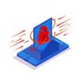 Cyberattack. Isometric phone with padlock protective shield on a blue background. Hacking smartphone user database. New