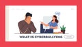Cyberbullying Abuse Landing Page Template. Woman Laughing on Man in Internet Network. Teen Character Crying front of Pc