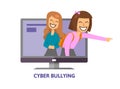 Cyberbullying, trolling. Teenage girls laughing and pointing from computer screen. Concept vector illustration. Flat