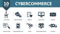 Cybercommerce icon set. Collection contain coupon, wishlist, online shop, secure payment and over icons. Cybercommerce elements Royalty Free Stock Photo
