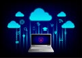 Cybercrime and cloud computing concepts. Computer or laptop with red lock security and blue binary code background. Stolen data Royalty Free Stock Photo