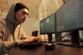 Cybercrime, computer fraud, man hacking system, coding malware Royalty Free Stock Photo