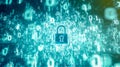 Cybercrime concept. The lock with binary code number on a blue neon light background. Generative AI