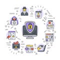 Cybercrime web banner. Infographics with linear icons Royalty Free Stock Photo