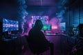 Cybercriminal: A dark, hooded hacker hacks into a computer system, threatening data security