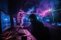Cybercriminal: A dark, hooded hacker hacks into a computer system, threatening data security