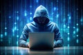 Cybercriminal wearing a hood, illuminated by glowing blue binary code while typing on a laptop in a dark environment