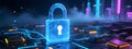 CyberLock: Glowing Binary Guardian in Futuristic Tech Cityscape Royalty Free Stock Photo