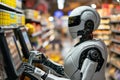 Cybernetic androids working in a supermarket - Artificial intelligence replacing humans concept - AI Generated