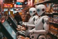Cybernetic androids working in a supermarket - Artificial intelligence replacing humans concept - AI Generated