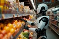 Cybernetic androids working in a supermarket - Artificial intelligence replacing humans concept - AI Generated