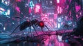 A cybernetic ant exploring a vast, metallic landscape filled with glowing neon lights