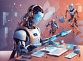 cybernetic artificial intelligence with a body sitting at a table and studying something