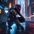 Cybernetic assassin, Ruthless cyborg assassin stalking its prey amidst a futuristic cityscape of neon lights and shadows1