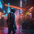 Cybernetic assassin, Ruthless cyborg assassin stalking its prey amidst a futuristic cityscape of neon lights and shadows2