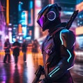 Cybernetic assassin, Ruthless cyborg assassin stalking its prey amidst a futuristic cityscape of neon lights and shadows4