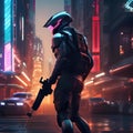 Cybernetic assassin, Ruthless cyborg assassin stalking its prey amidst a futuristic cityscape of neon lights and shadows5