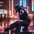 Cybernetic assassin, Ruthless cyborg assassin stalking its prey amidst a futuristic cityscape of neon lights and shadows1