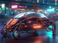 Neon beetle on mechanical cityscape