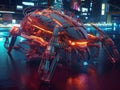 Neon beetle on mechanical cityscape