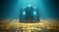 Cybernetic cube resting on a liquid gold surface Royalty Free Stock Photo