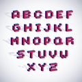 Cybernetic 3d alphabet letters, pixel art vector digital typescript. Pixel design elements, contemporary dotted font made in tech