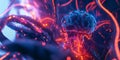 A cybernetic 3D background featuring an advanced humanoid AI interface, with glowing data streams