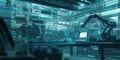 A cybernetic 3D background of a sleek, high-tech laboratory filled with floating data panels and