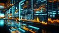 Cybernetic Data Stream A Close-up of Digital Displays with Vivid Blue and Yellow Hues, showcasing Graphs and Charts, Representing